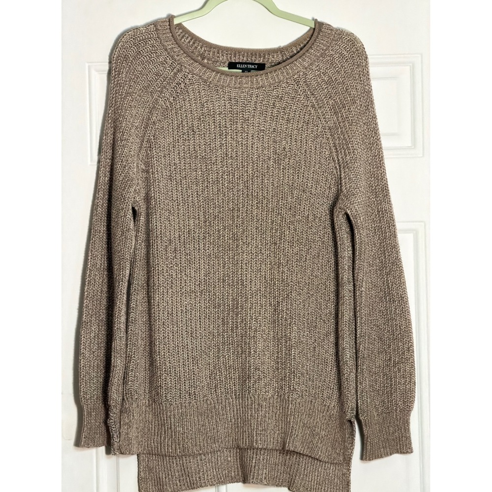 Ellen Tracy Womens Oatmeal Marl Ribbed Knit Crew Neck Sweater Small Raglan